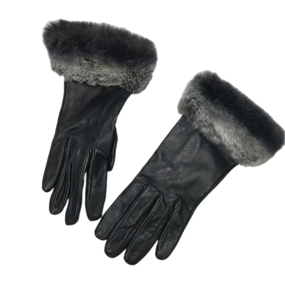 Black Leather Gloves Italy Fur Trim 100% Silk Lining Size M Women's Vintage